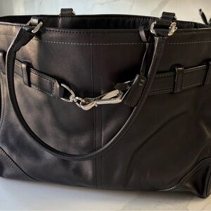 Coach Black Leather Tote with Silver-Tone Hardware
